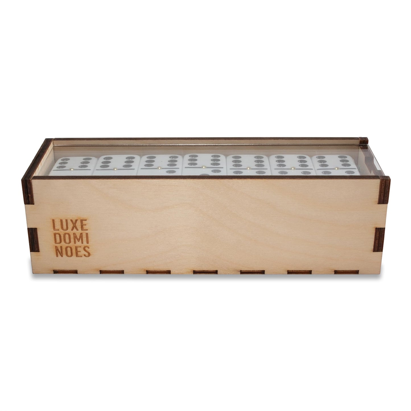 Deluxe Modern Domino Set Double Six, with Jumbo Sized Tournament Dominoes Black and White Two Toned with Spinner (Rivets) in Wood Box with Acrylic Top