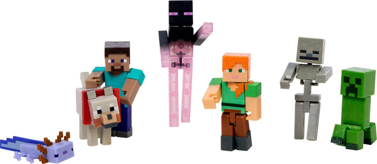 Minecraft Set of 7 Action Figures, World Builder Pack, Starter Collection of Characters in 3.25-inch Scale, Includes Steve, Ari, Enderman & More