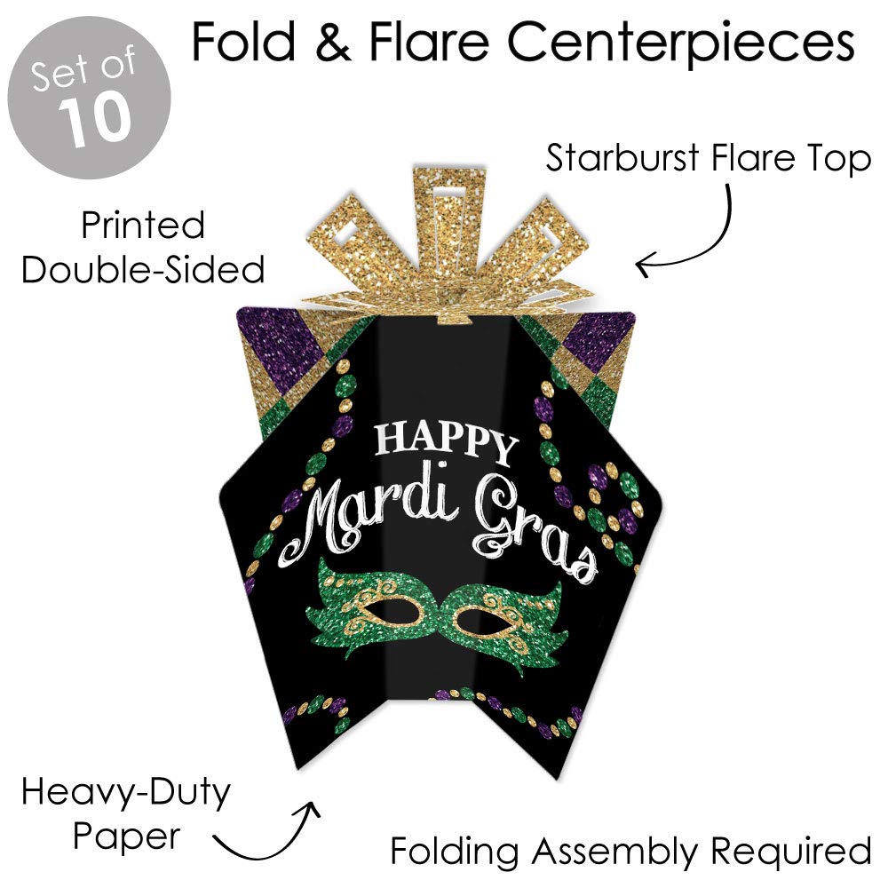 Big Dot of Happiness Mardi Gras - Table Decorations - Masquerade Party Fold and Flare Centerpieces - 10 Count