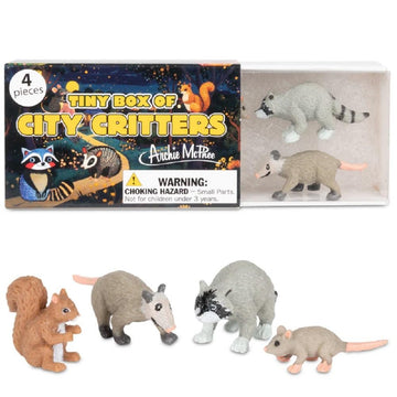 Archie McPhee Tiny Box of City Critters Novelty Mini-Figure Set (Raccoon, Possum, Rat, and Squirrel)