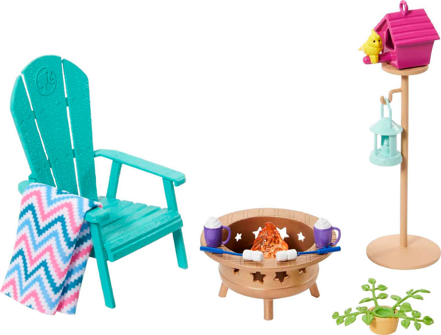 Barbie Furniture & Accessories Set, Doll House Décor, 10+ Pieces for Backyard Patio with Chair, Firepit, Birdhouse, Bird & More