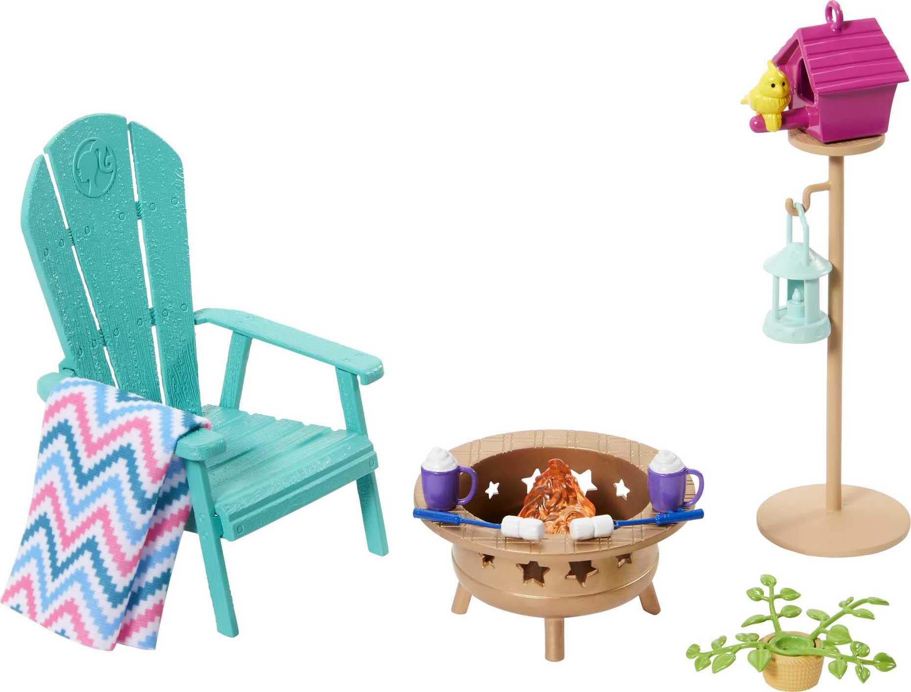 Barbie Furniture & Accessories Set, Doll House Décor, 10+ Pieces for Backyard Patio with Chair, Firepit, Birdhouse, Bird & More