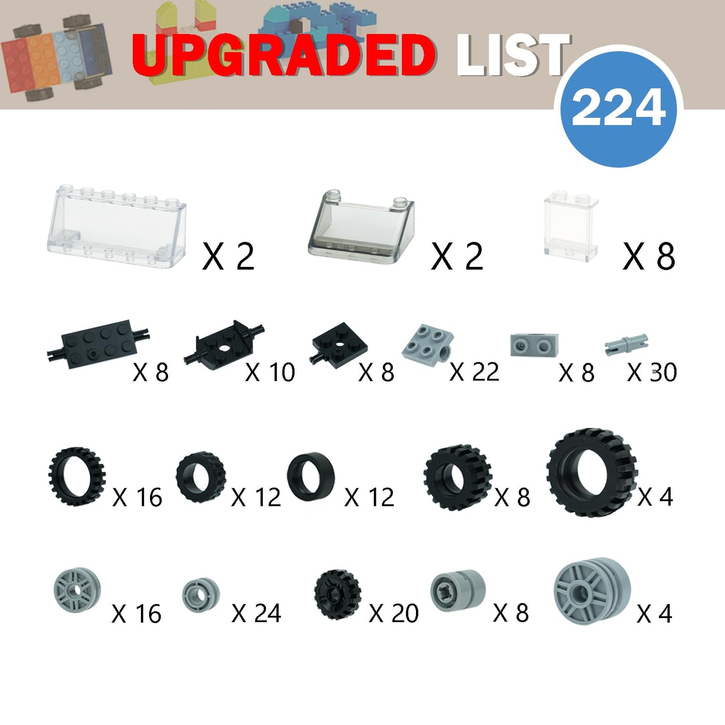 MALEKO Wheels and Axles Sets, 224pcs Car Parts and Pieces Tires Accessories Building, Construction Bulk Bricks