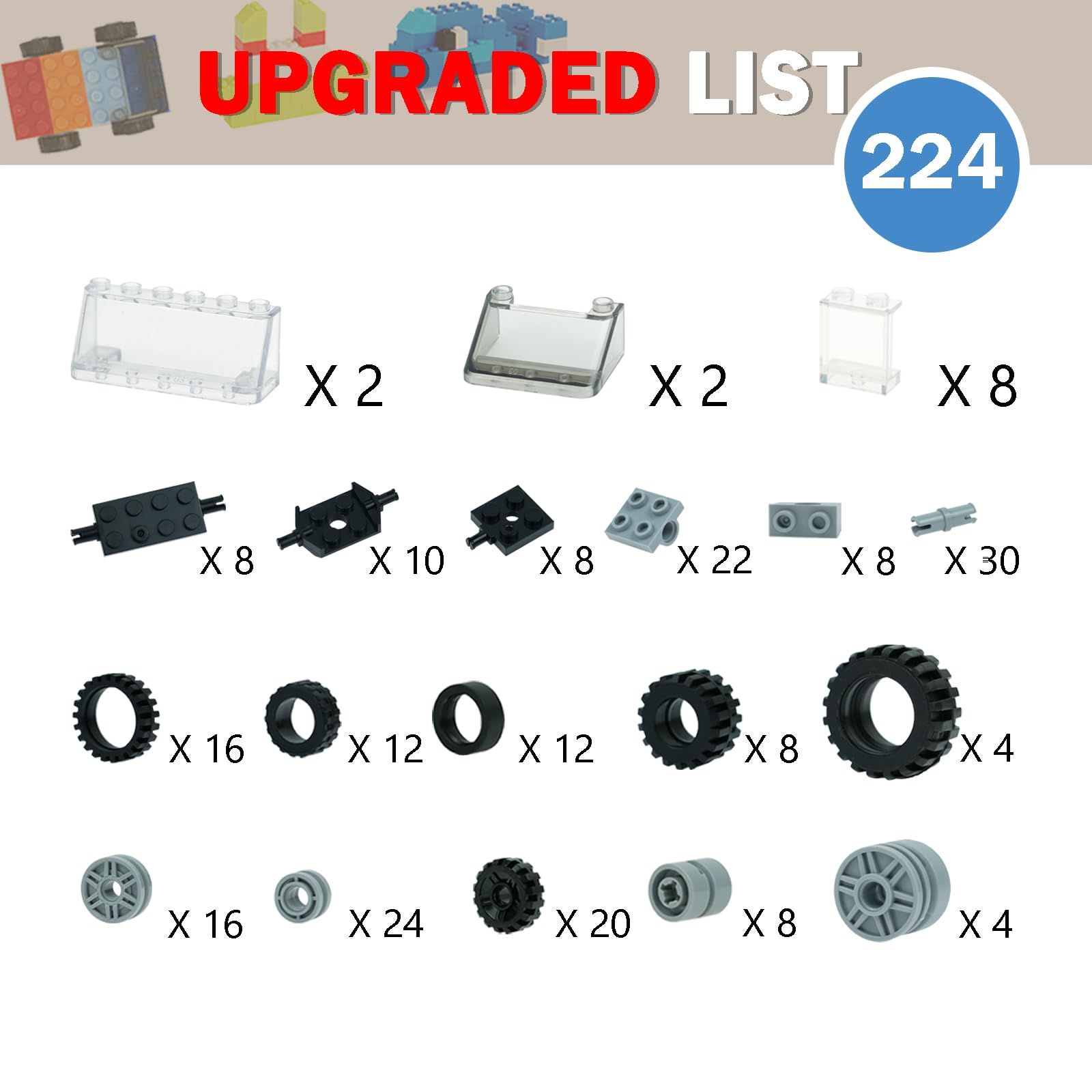 MALEKO Wheels and Axles Sets, 224pcs Car Parts and Pieces Tires Accessories Building, Construction Bulk Bricks
