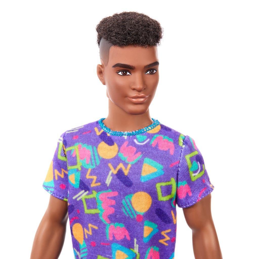 Barbie Ken Fashionistas Doll #162 with Rooted Brunette Hair Wearing Graphic Purple Top, Shorts & Yellow Shoes, Toy for Kids 3 to 8 Years Old