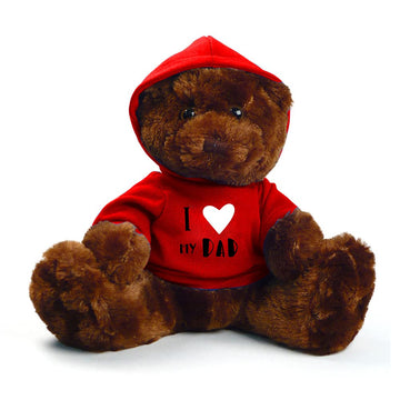 Plushland Stuffed Teddy Bear Plush Bear Toy with -I Love Dad- Hoodie for Kids & Adults Father's Day - Embroidered Pillow 11 Inches (Chocolate-Red