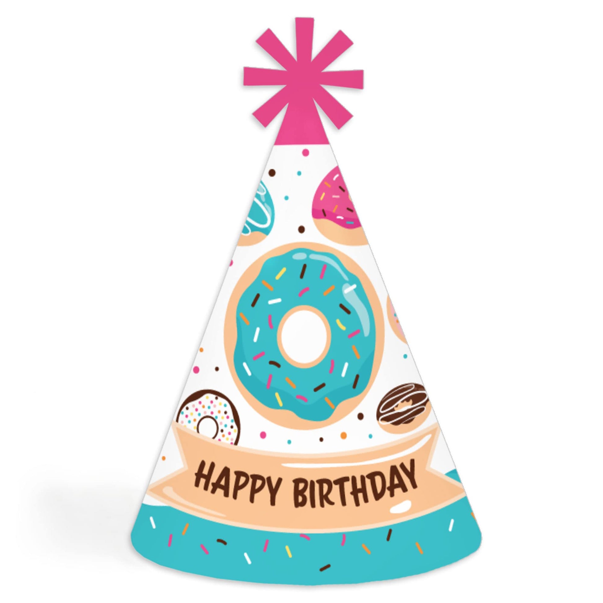Big Dot of Happiness Donut Worry, Let’s Party - Cone Happy Birthday Party Hats for Kids and Adults - Set of 8 (Standard Size)