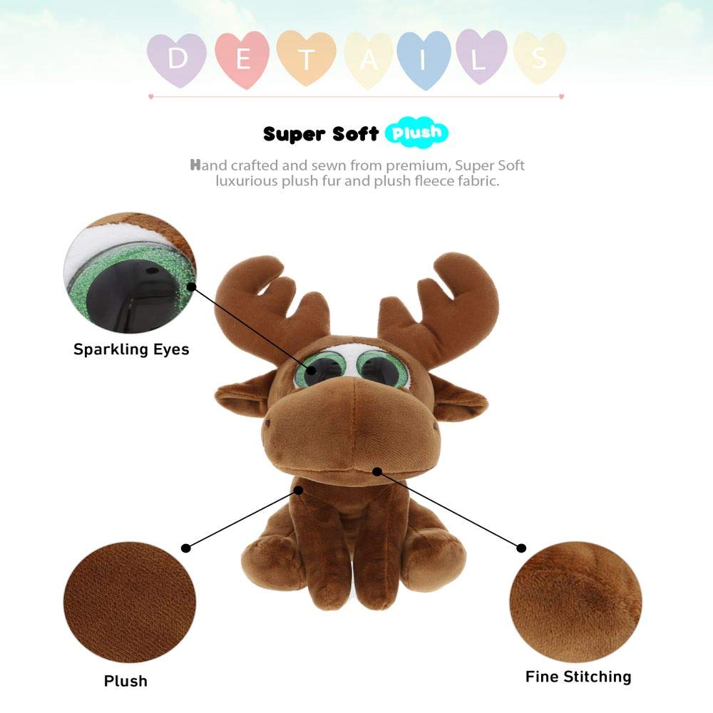 DolliBu Sparkling Big Eye Plush Stuffed Animal Teddy Bear - Cute Soft Woodland Security Toy Pal - Plushie Cuddle Buddy Bedtime Friend - Small Moose