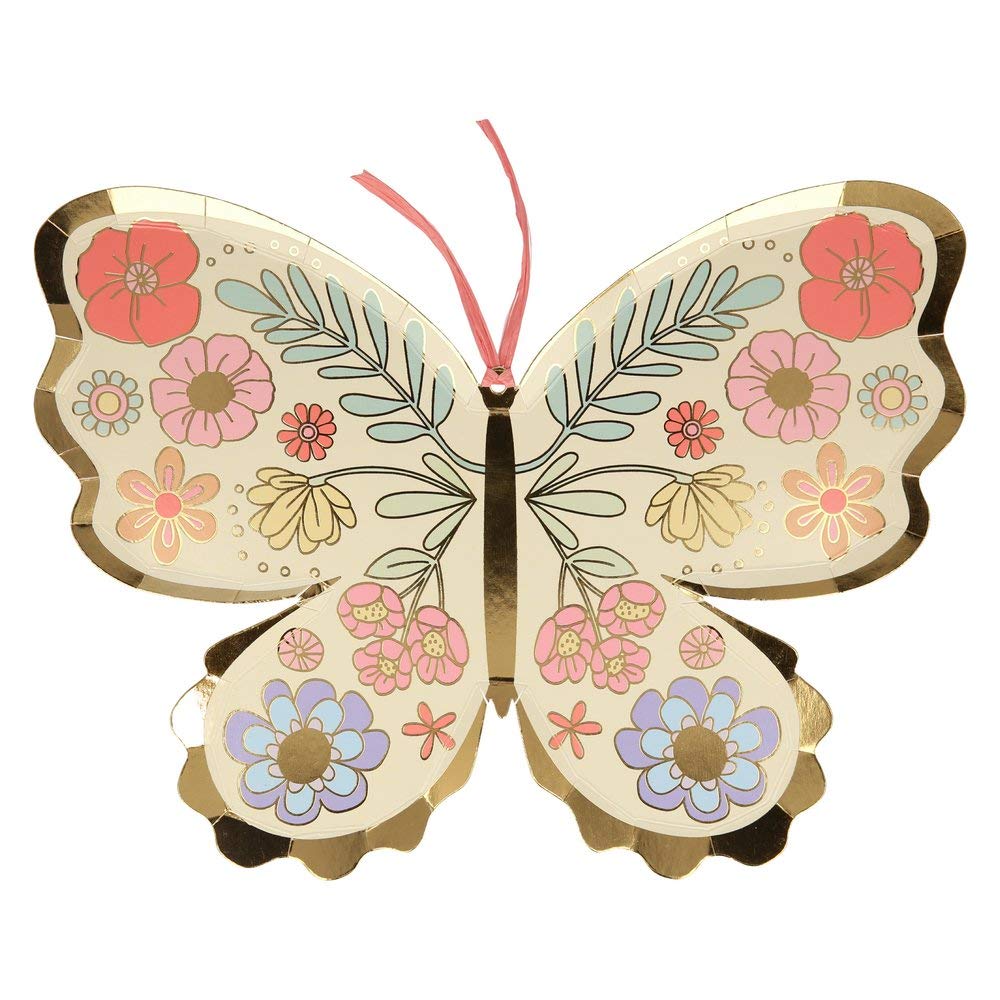 Meri Meri Butterfly Plates, Pack of 8 Disposable Paper Plates, Fun Shaped with Floral and Gold Foil Details - Great for Butterfly Birthday