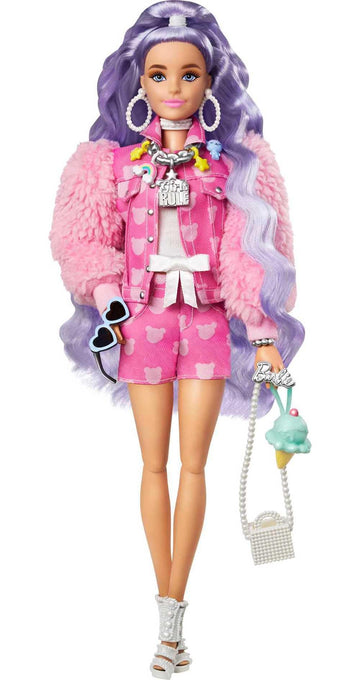 Barbie Extra Doll & Accessories with Long Periwinkle Hair, Teddy Bear-Print Denim Jacket, Matching Shorts & Pet Puppy