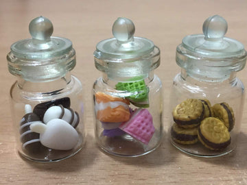 3pc Miniature Food Chocolate Cookie Cake Dollhouse Donut Candy in Clear Glass Mini Bottle Fruit #MF060