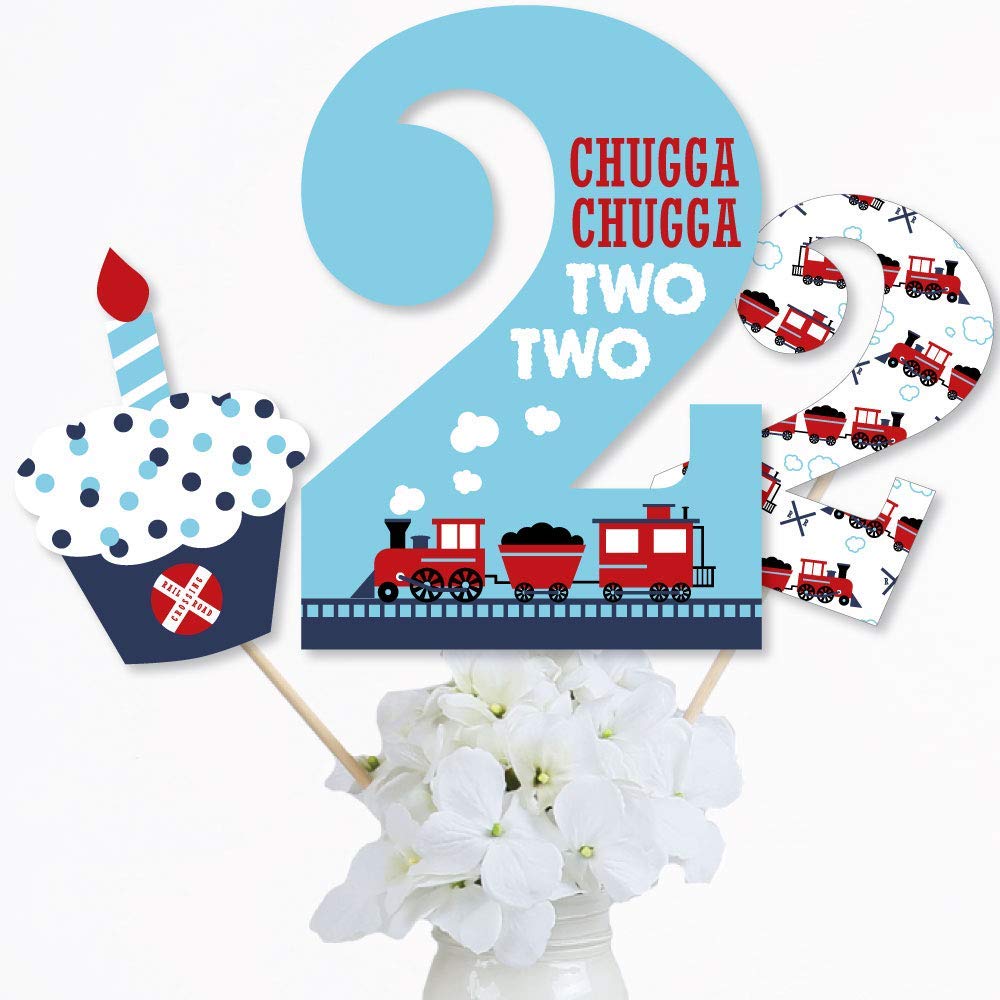 Big Dot of Happiness 2nd Birthday Railroad Party Crossing - Steam Train Second Birthday Party Centerpiece Sticks - Table Toppers - Set of 15