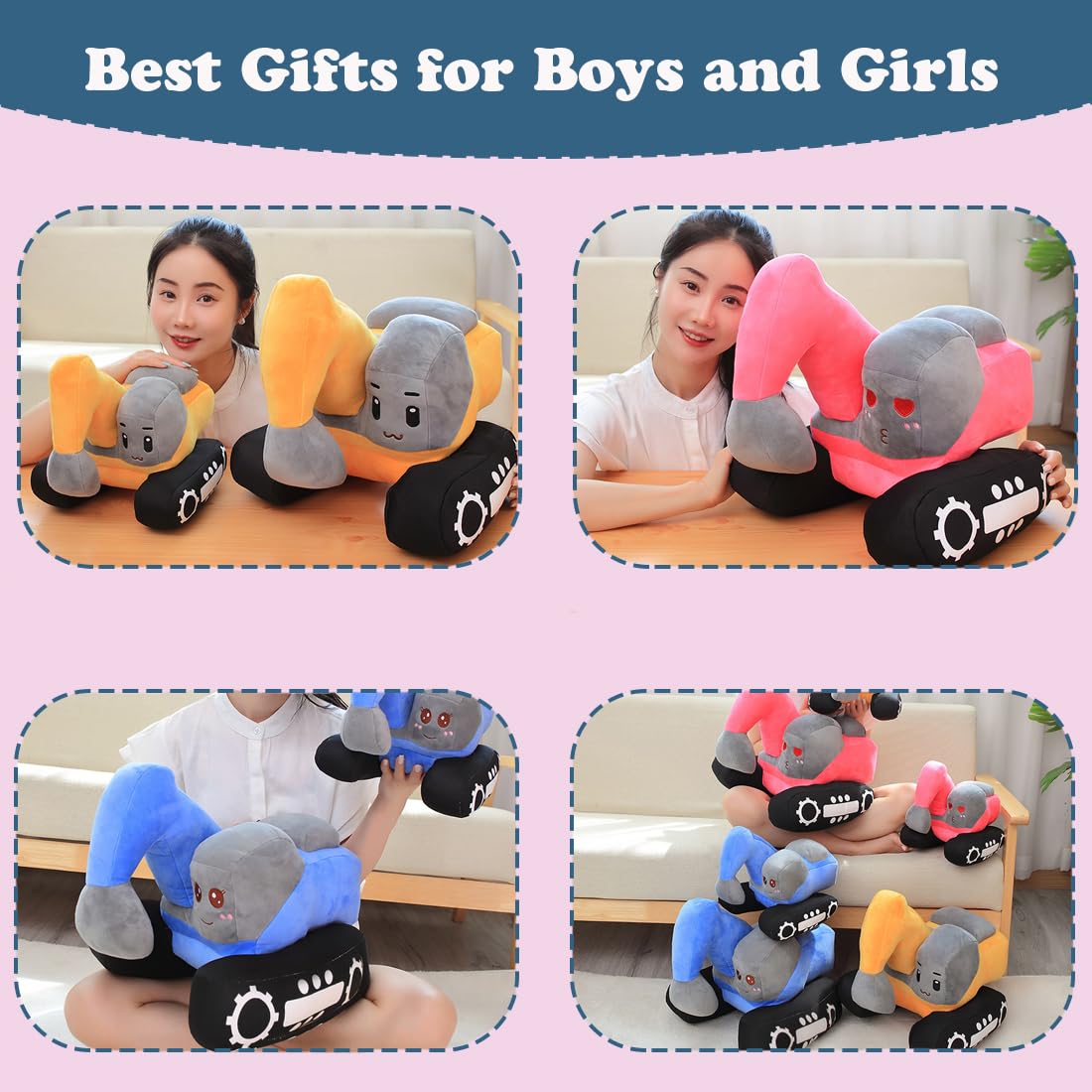 ELAINREN Simulation Pink Excavator Plush Toy Cool Digger Stuffed Gifts for Girls Cartoon Construction Truck Plushie Car Gifts/26x23cm