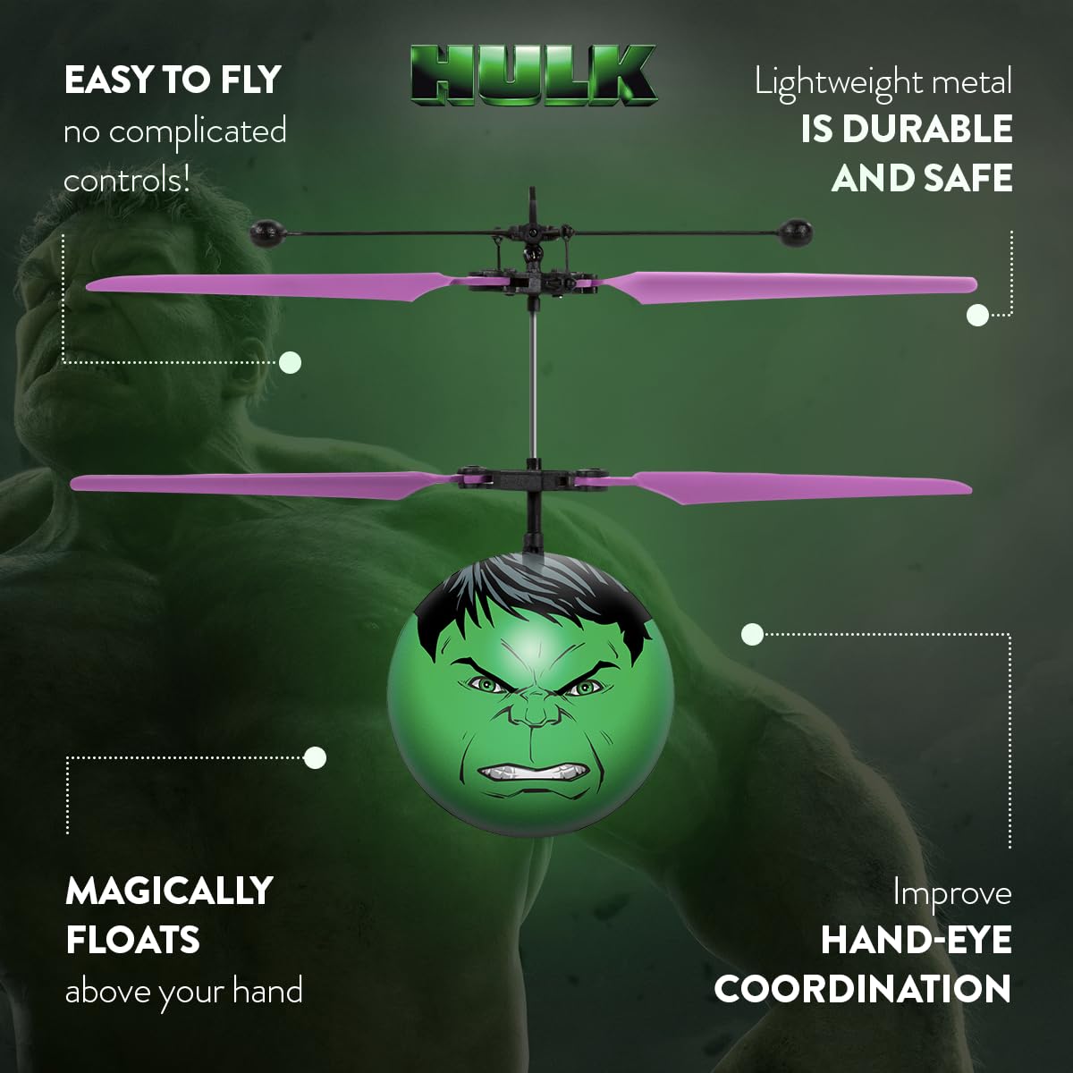 World Tech Toys Marvel Hulk Flying Toy - Motion Sensing Flying Ball with USB Charging - Marvel Licensed - Indoor/Outdoor Drone for Kids Ages 6+