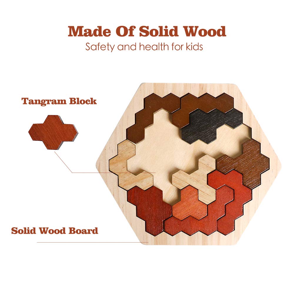 Skrtuan Wooden Hexagon Puzzle for Kids & Adults, Montessori STEM Educational Toy with Colorful Shapes, Logic IQ Brain Teaser Game for Kids, Geometry