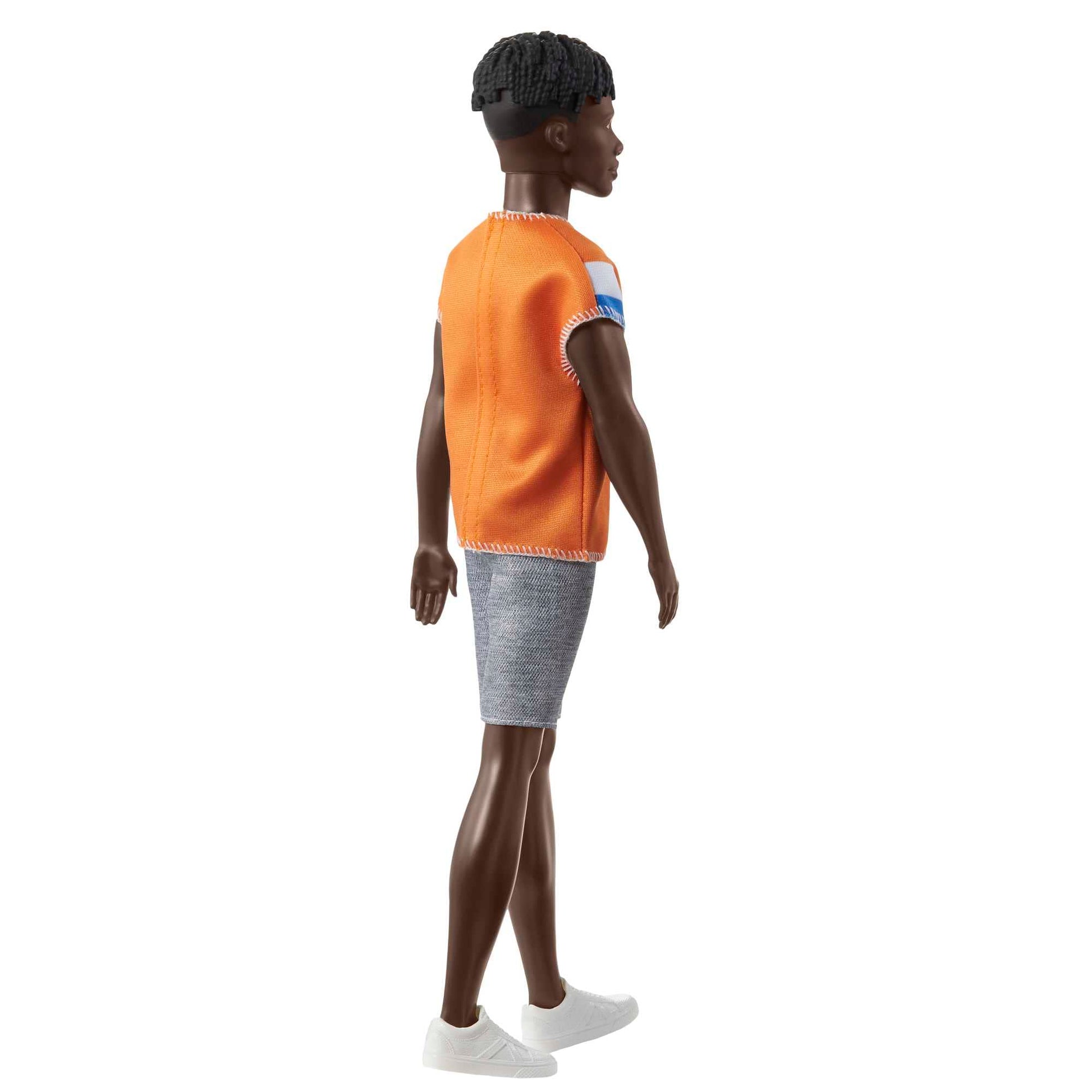 Barbie Fashionistas Ken Fashion Doll #203 with Twisted Black Hair Wearing Orange Athletic Jersey, Shorts & White Sneakers