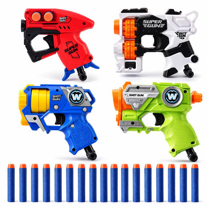 4 Pack Mini Foam Dart Blaster - Individually Wrapped Party Favor Set for Kids, Pull Back Single Shot Toy Guns with 16 Soft Foam Darts - 50 Ft Range