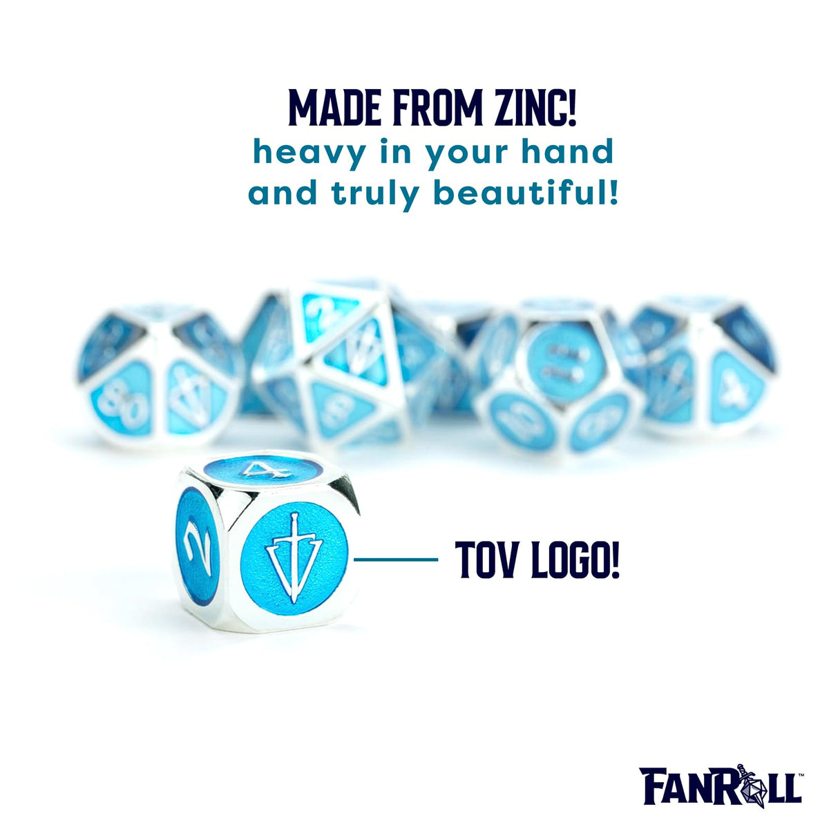 FanRoll Tales of The Valiant Metal Dice Set, Silver with Light Blue Enamel, Set of 7