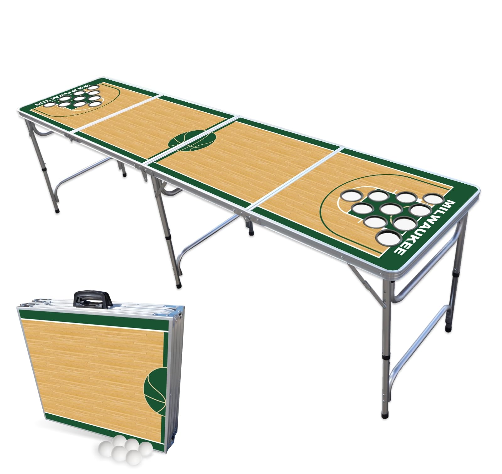 8-Foot Professional Beer Pong Table w/Cup Holes - Milwaukee Basketball Court