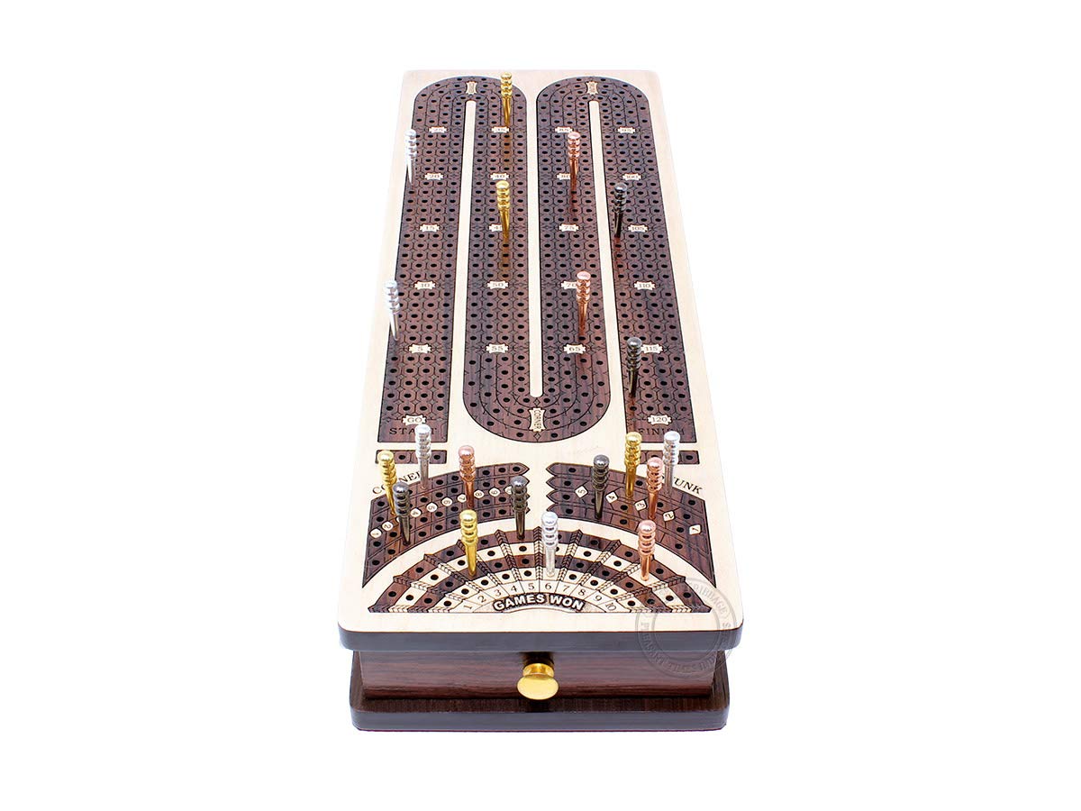 House of Cribbage - Continuous Cribbage Board/Box Inlaid in Maple/Rosewood : 4 Track - Side Drawers with Score Marking Fields for Skunks, Corners