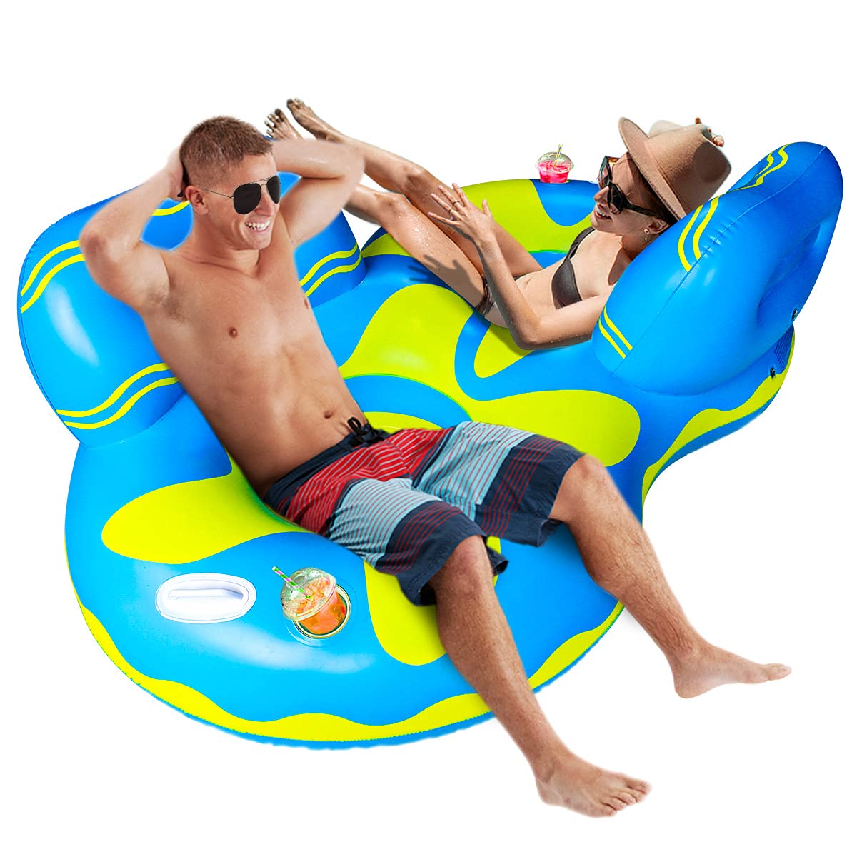 Double Pool Floats, Adult Pool Floats, mesh Bottom Pool raft, with Two Handle and Two Big Cup Holder, Great for Chilling in the Pool,Blue.