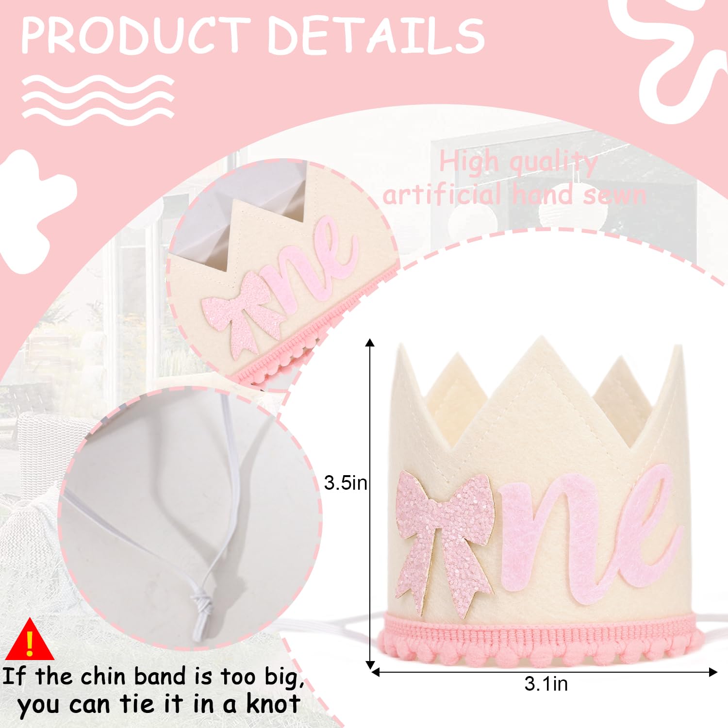 PATRDIO Bow One Birthday Crown -Pink Bow One Birthday Decorations, Sweet 1st party Hat, Little Princess Crown For Cake Smash,girls just wanna be one
