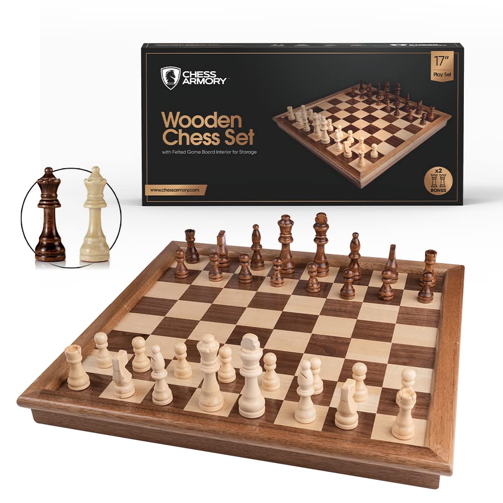 Chess Armory Wooden Chess Set - 17-Inch Large Chess Board with Felted Storage Box, Extra Queens & Handcrafted Staunton Pieces