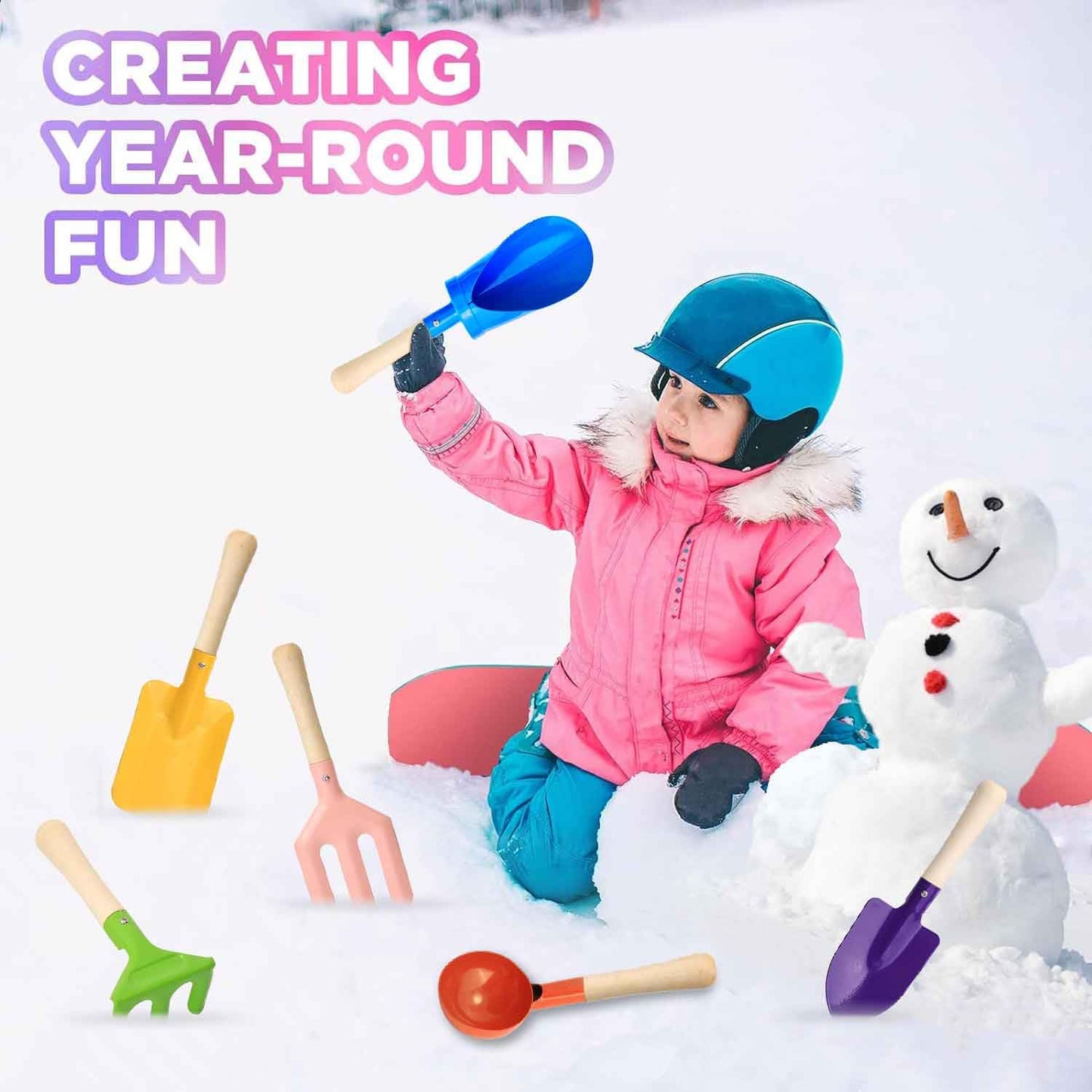 6 PCS 8" Kids Gardening Tools, Metal Beach Sandbox Digging Toys with Sturdy Wooden Handle, Safe Backyard Snow Sensory Playset Including Cylinder
