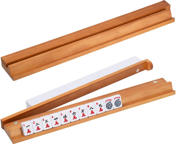 MUTEX American Cherry Wood Mahjong Racks with Pushers, 4pcs Mahjong Racks Set for Mahjong/Mexican Train/Dominoes, Elegant Wooden Mahjong Tiles Racks