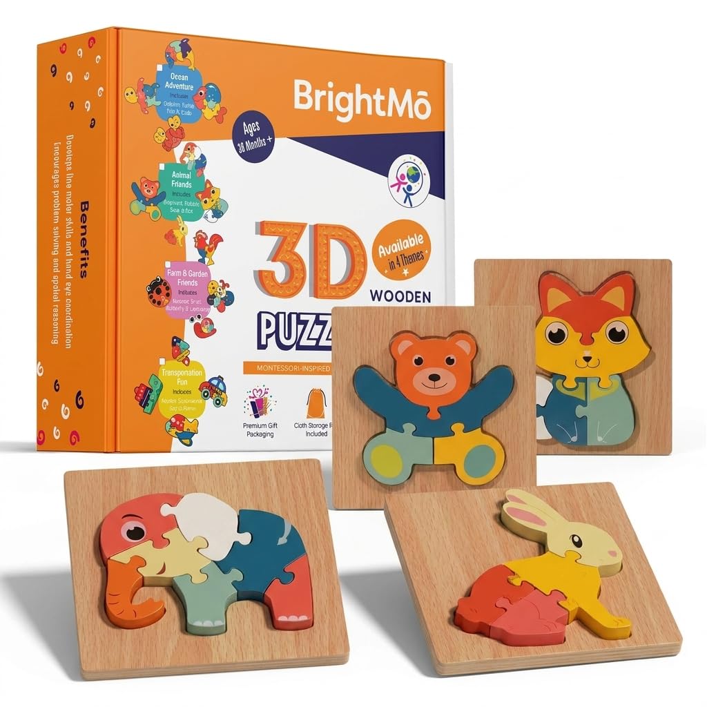 Wooden Animal Puzzles for Toddlers 3-5 - Montessori Toys Set of 4, BrightM? Chunky 3D Puzzles for Kids, Fine Motor Skills Learning Toy with Storage