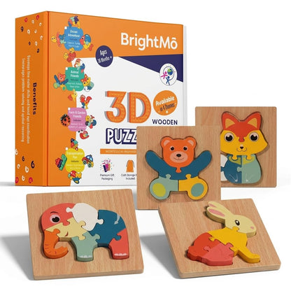 Wooden Animal Puzzles for Toddlers 3-5 - Montessori Toys Set of 4, BrightM? Chunky 3D Puzzles for Kids, Fine Motor Skills Learning Toy with Storage
