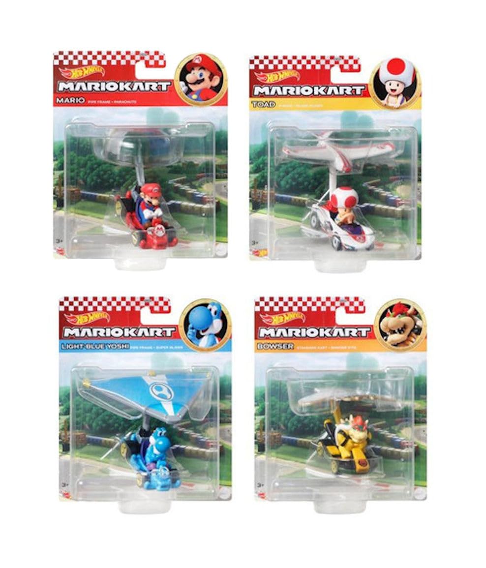 Hot Wheels Mario Kart Character Gliders -Bundle of 4: Bowser, Light?Blue Yoshi, Mario & Toad | Die?Cast Figures with Glider Attachments | Display