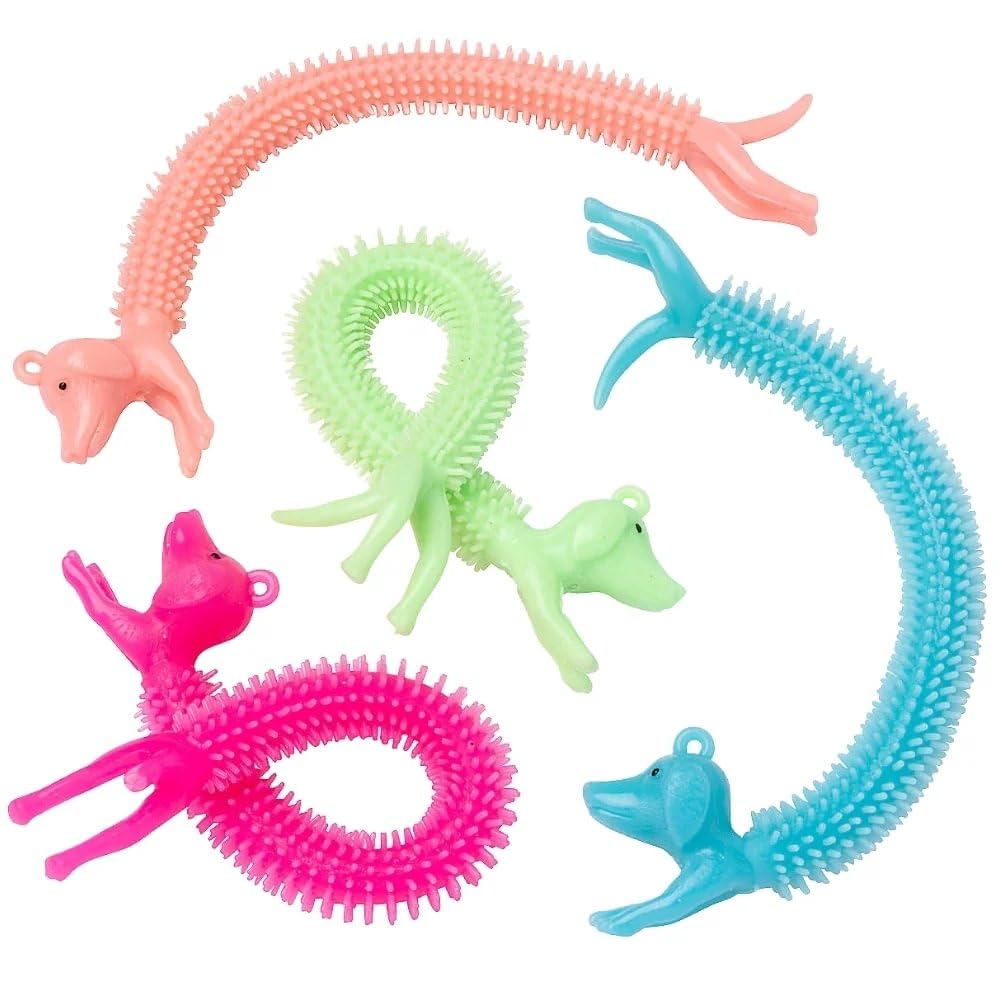 Fun Express Stretchy Rubber Dogs - 8” x 3/4” in Pink, Green, Blue & Peach - Toy Set for Kids - Ideal Party Favors & Prizes - 12 Pieces