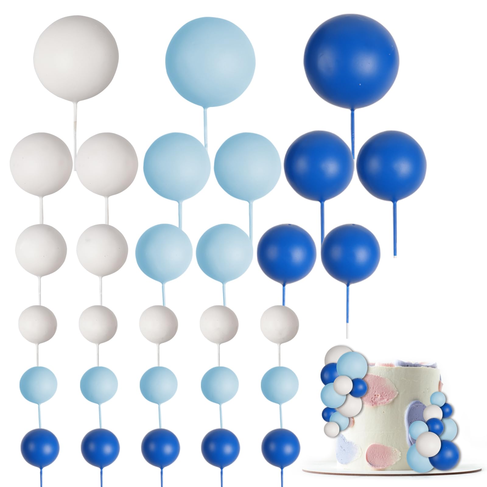 30 PCS Balls Cake Topper DIY Cake Insert Toppers Ball Cake Picks Cupcake Topper for Birthday Party Baby Shower Wedding Cake Decoration(Blue White Dark