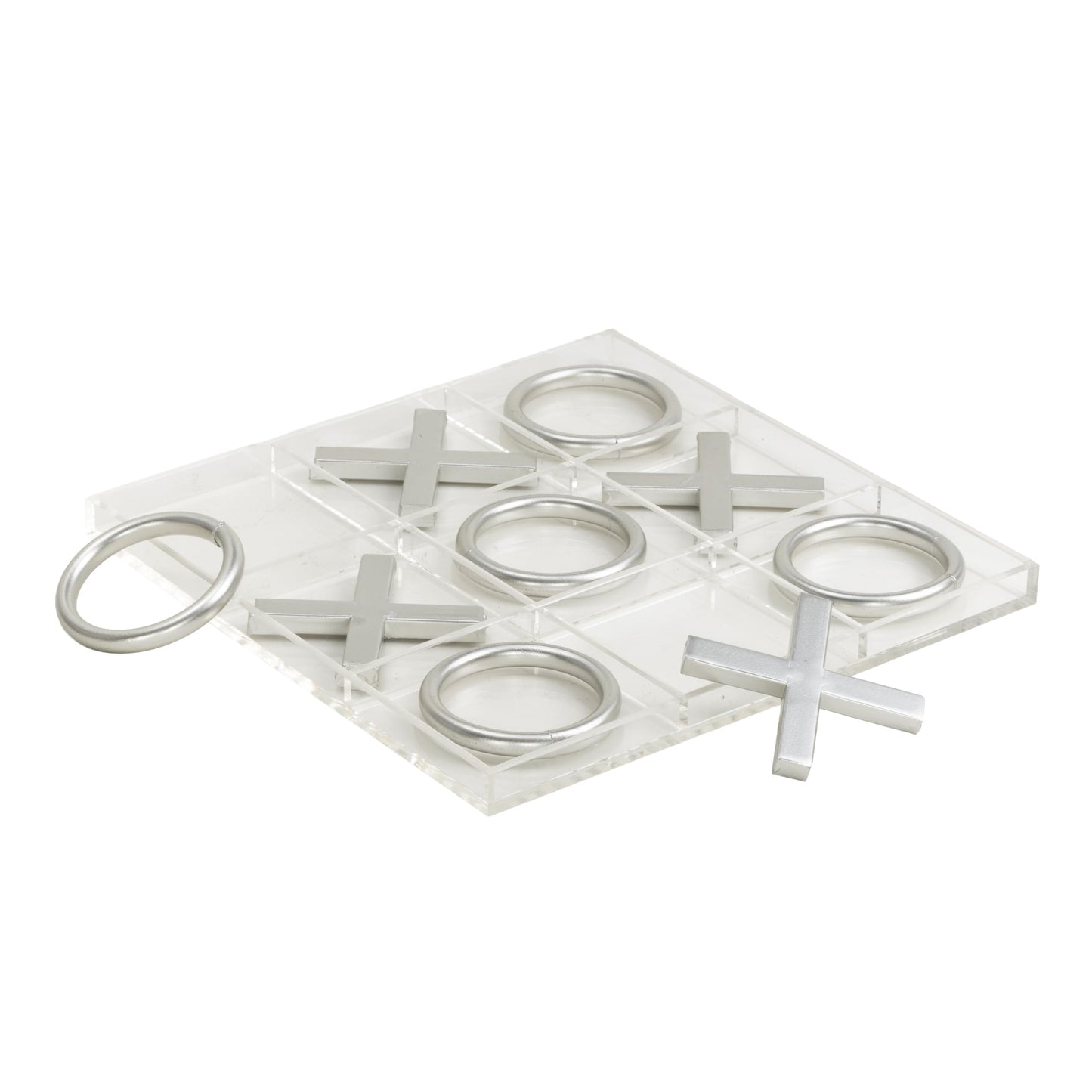 Deco 79 Acrylic Plastic Tic Tac Toe Game Set with Silver Pieces, 12" x 12" x 1", Clear