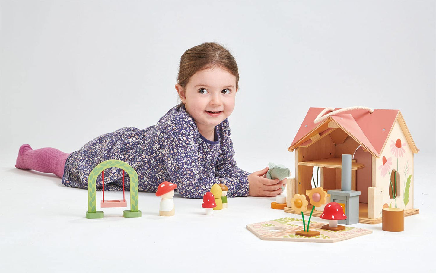 Tender Leaf Toys - Rosewood Cottage - Beautiful Portable Wooden Dollhouse Cottage Set for Kids 3+
