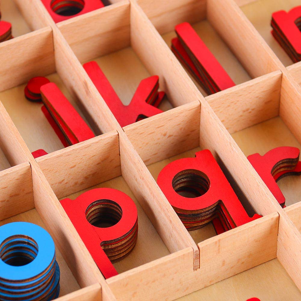 Montessori Wood Small Movable Alphabet with Box and Large Spelling Mat