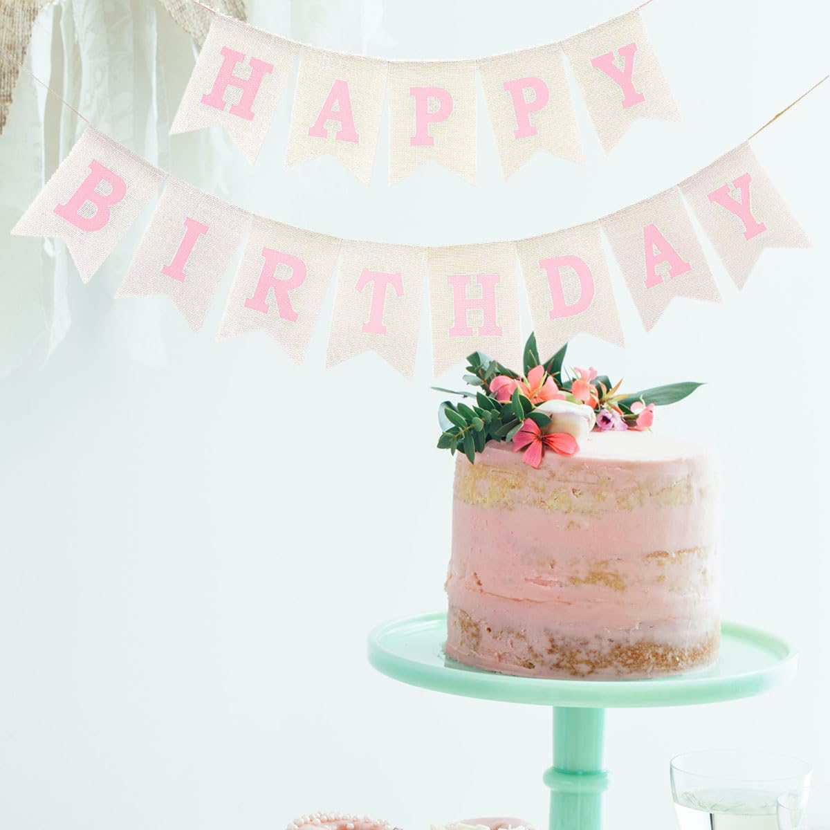 Pink Happy Birthday Banner Sign, Burlap Pink Happy Birthday Party Decorations for Girls Women