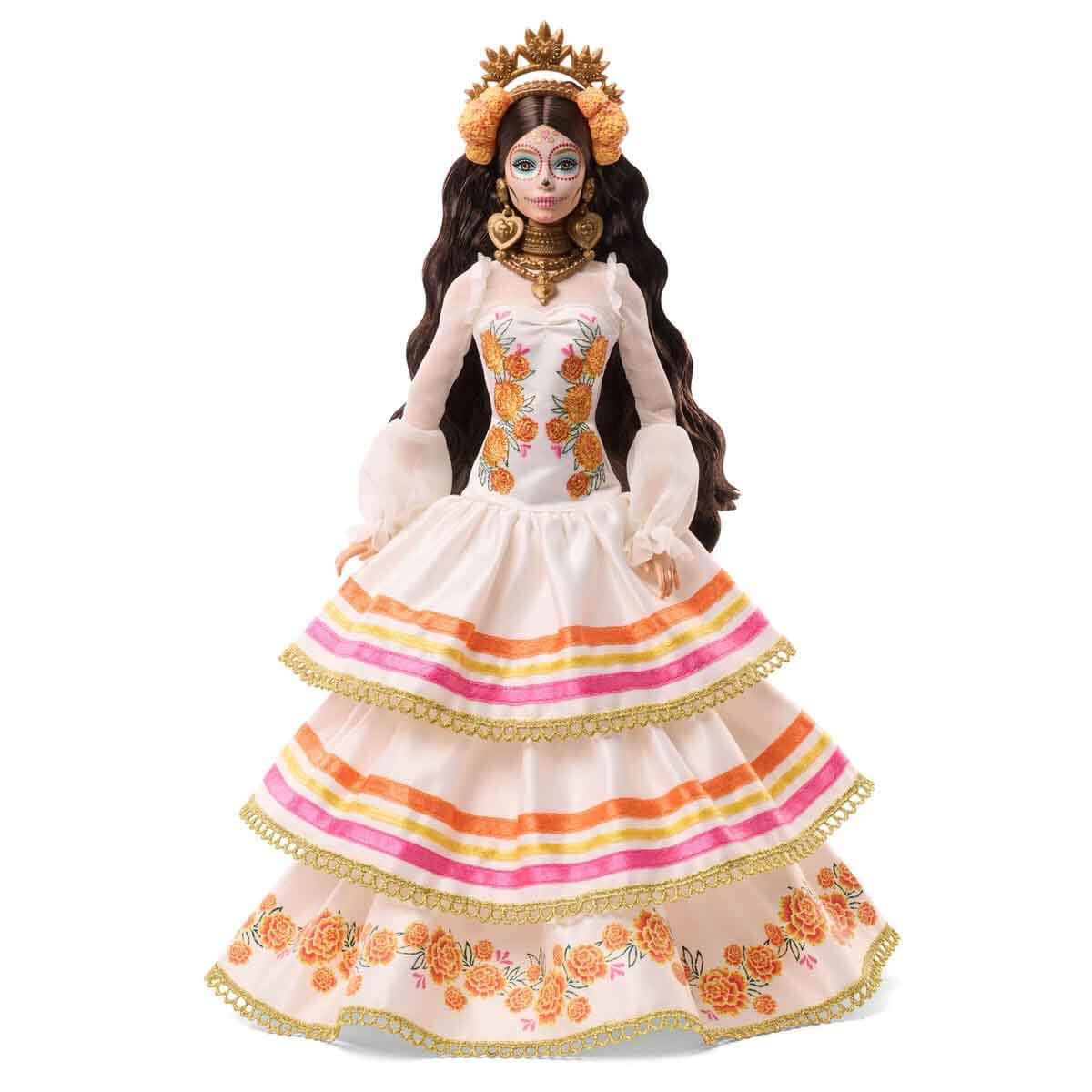 Barbie Signature Doll, Día De Muertos 2025 Collectible in Ruffled Cream Gown Trimmed with Marigolds and Ribbon, Flower Crown and Calavera Face Paint
