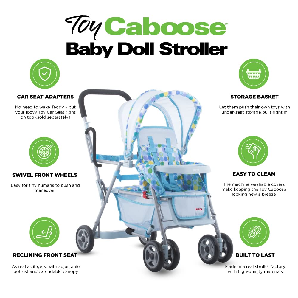 Joovy Toy Caboose Baby Doll Stroller Featuring Reclining Front Seat, Adjustable Footrest, Storage Basket, Extendable Canopy, and Snack Tray - Holds 3