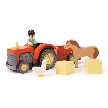 Tender Leaf Toys - Farmyard Tractor - Wooden Tractor Toy with Removeable Trailer, Animals and Accessories - Open-Ended Play Toy, Farm Pretend Play
