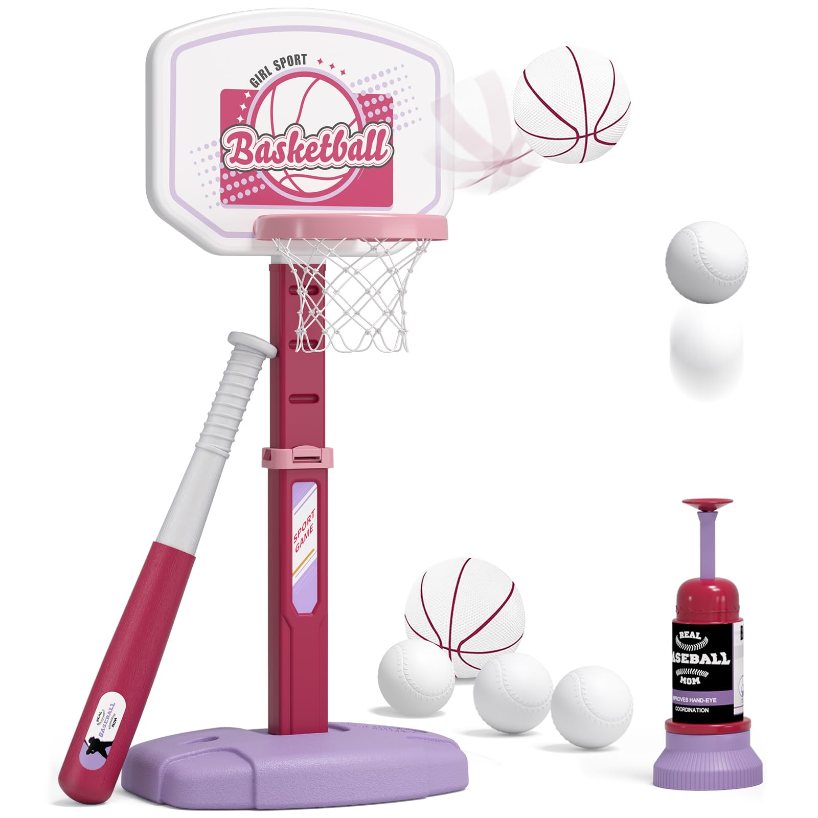 HYES 2 in 1 Kid Basketball Hoop and T Ball Set, Pink