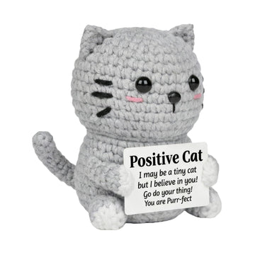 ZZOZPOP Positive Cat Plush with Encouraging Sign, Crochet Gift of Support for Women, Uplifting Sister Friendship Present, Gray Message Holder Toy