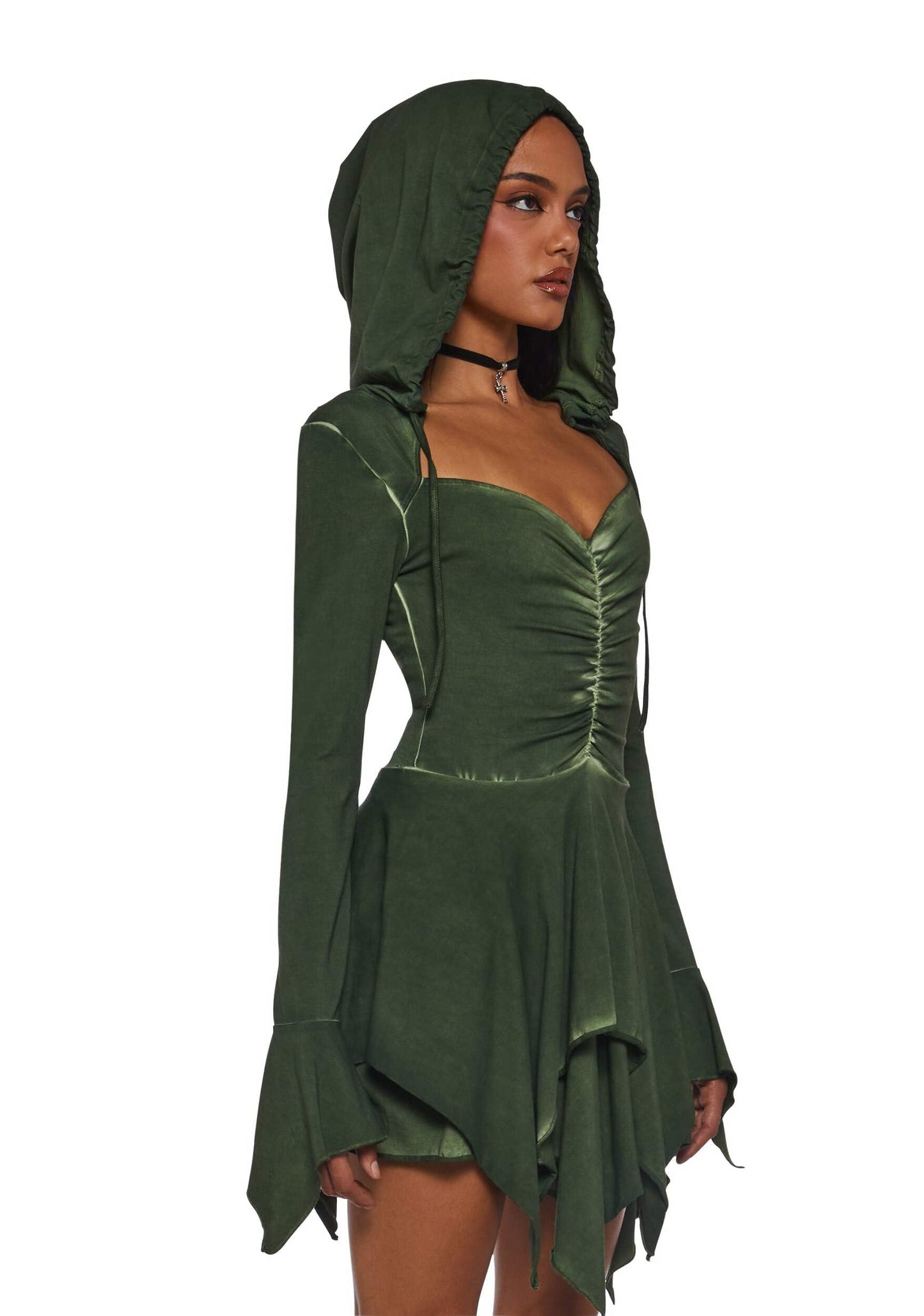 Dolls Kill F is for Fairies Hooded Mini Dress by Current Mood - Fabric Dress with Hoodie for Fairycore Fashion - Green, Large