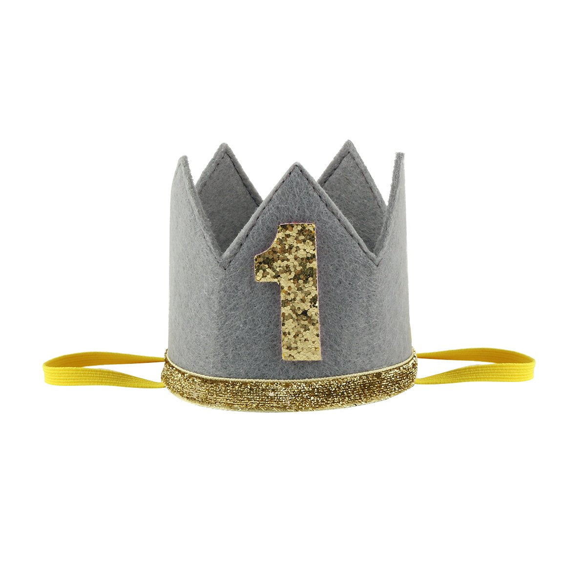 FEESHOW Baby Girls Boy First 1st Birthday Hat Prince Party Sparkle Crown Elastic Headband Cake Smash Photo Prop (Gray Number 1)