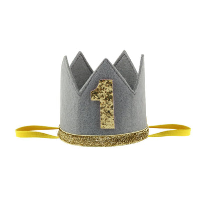 FEESHOW Baby Girls Boy First 1st Birthday Hat Prince Party Sparkle Crown Elastic Headband Cake Smash Photo Prop (Gray Number 1)