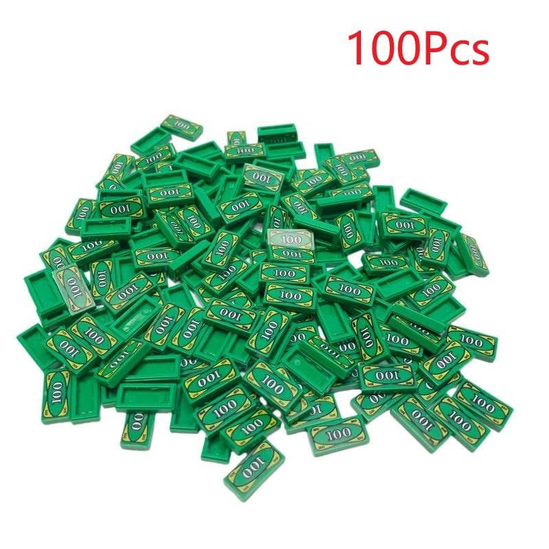 100 Pcs Tiles 1x2 with 100 Dollar Bill Money Print Green, Bulk Tile Money Accessories for Building, Compatible with Lego Parts and Pieces, Great Toy
