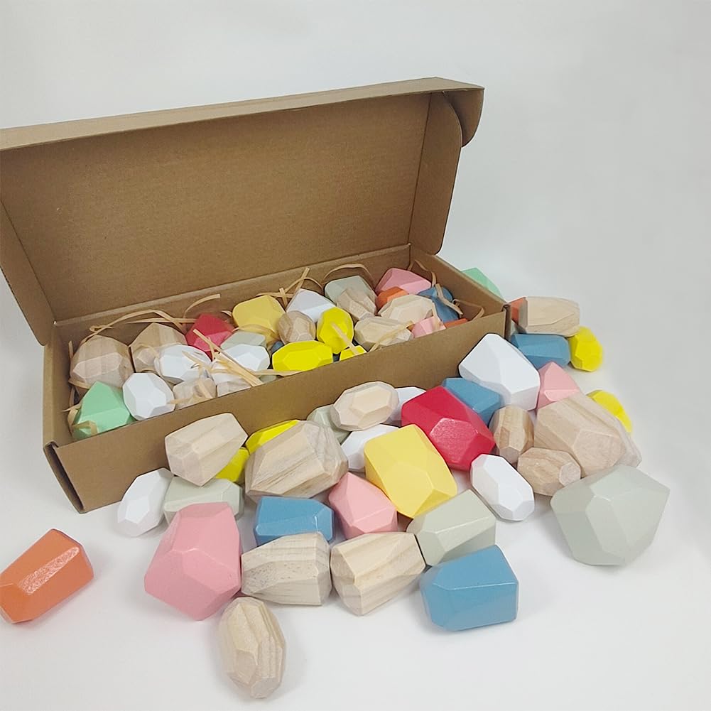Kayzyue Wooden Stacking Rocks Building Blocks Set, 36 Pcs Montessori Stacking Game Sensory Learning Activities Balancing Stones Birthday Gifts