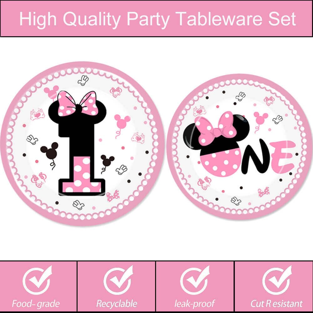 50 Pcs Pink 1st Birthday Party Dinnerware Girls One Tableware Set Girls One Paper Plates Napkins Forks for Girl's 1st Birthday Baby Shower Party