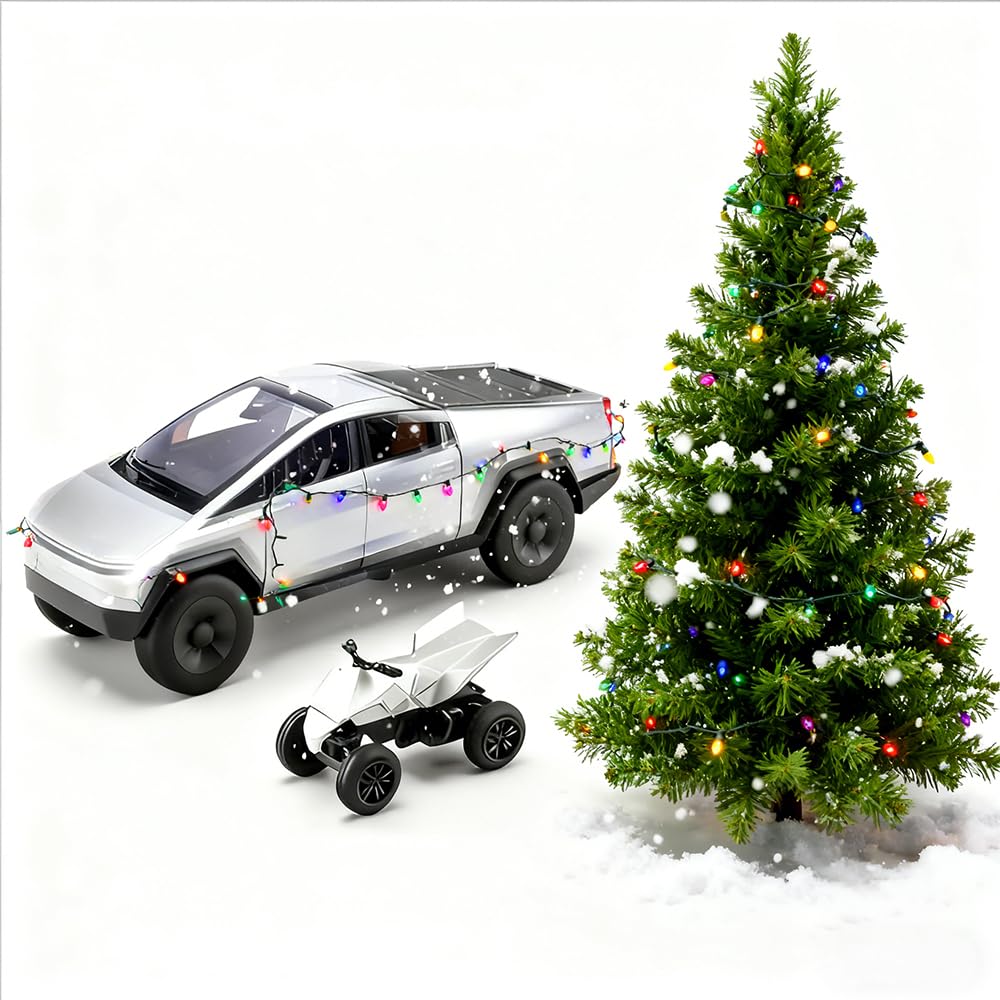 Cyber Style Truck Alloy Diecast Toys with Metal Trailer and Motorcycle Pull Back Pickup Model with Sound and Light Effect Race Car for Kid Adult Age